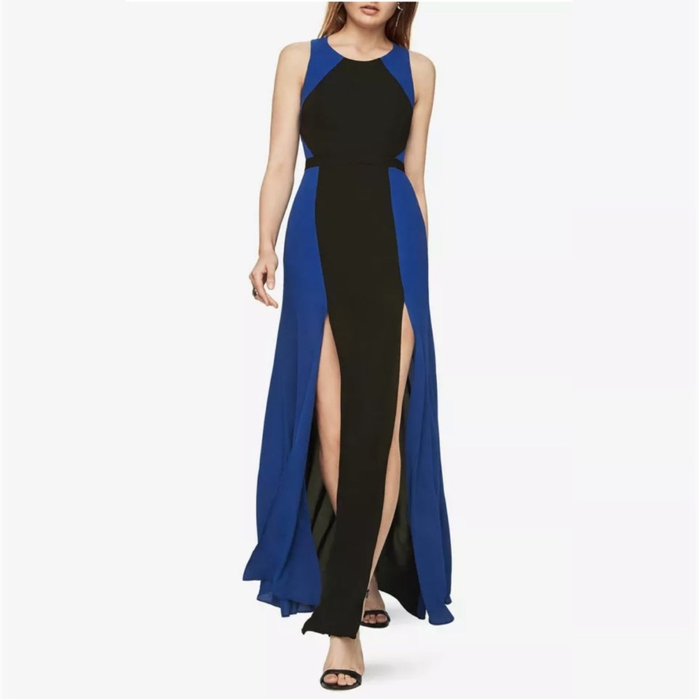 NWT BCBG Max Azria Angela Color Block Blue/ Black Double Slit Long Dress Size 4